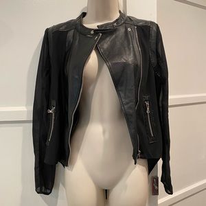 Faux leather moto zipper sheer shirt size s